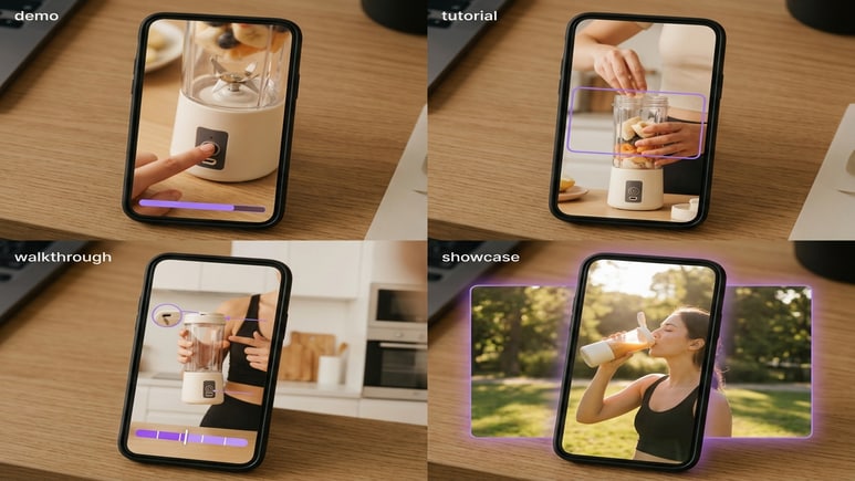 Multiple product demo video ad styles for tutorials walkthroughs and feature showcases