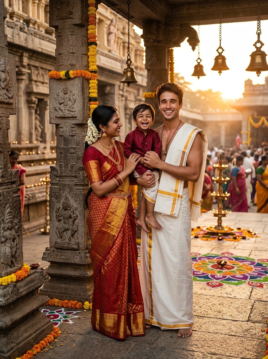 South Indian Family of 3 Temple Portrait Prompt for Gemini AI Boy Indian Style prompt