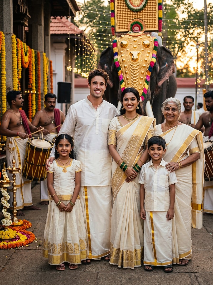 Kerala Festival Family of 5 Portrait Prompt for Gemini AI Boy Indian Style prompt