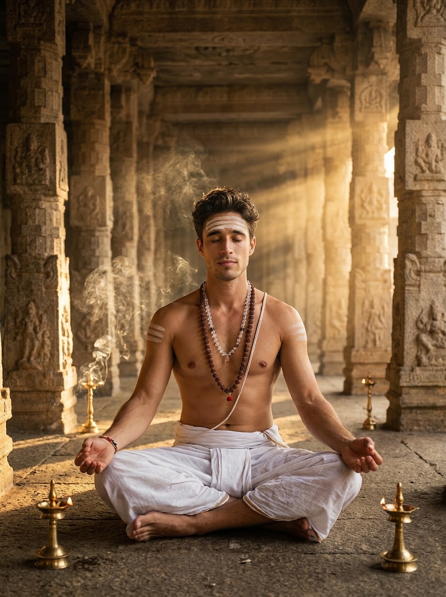 Spiritual Temple Meditation Portrait Prompt for Gemini AI Boy Indian Style prompt