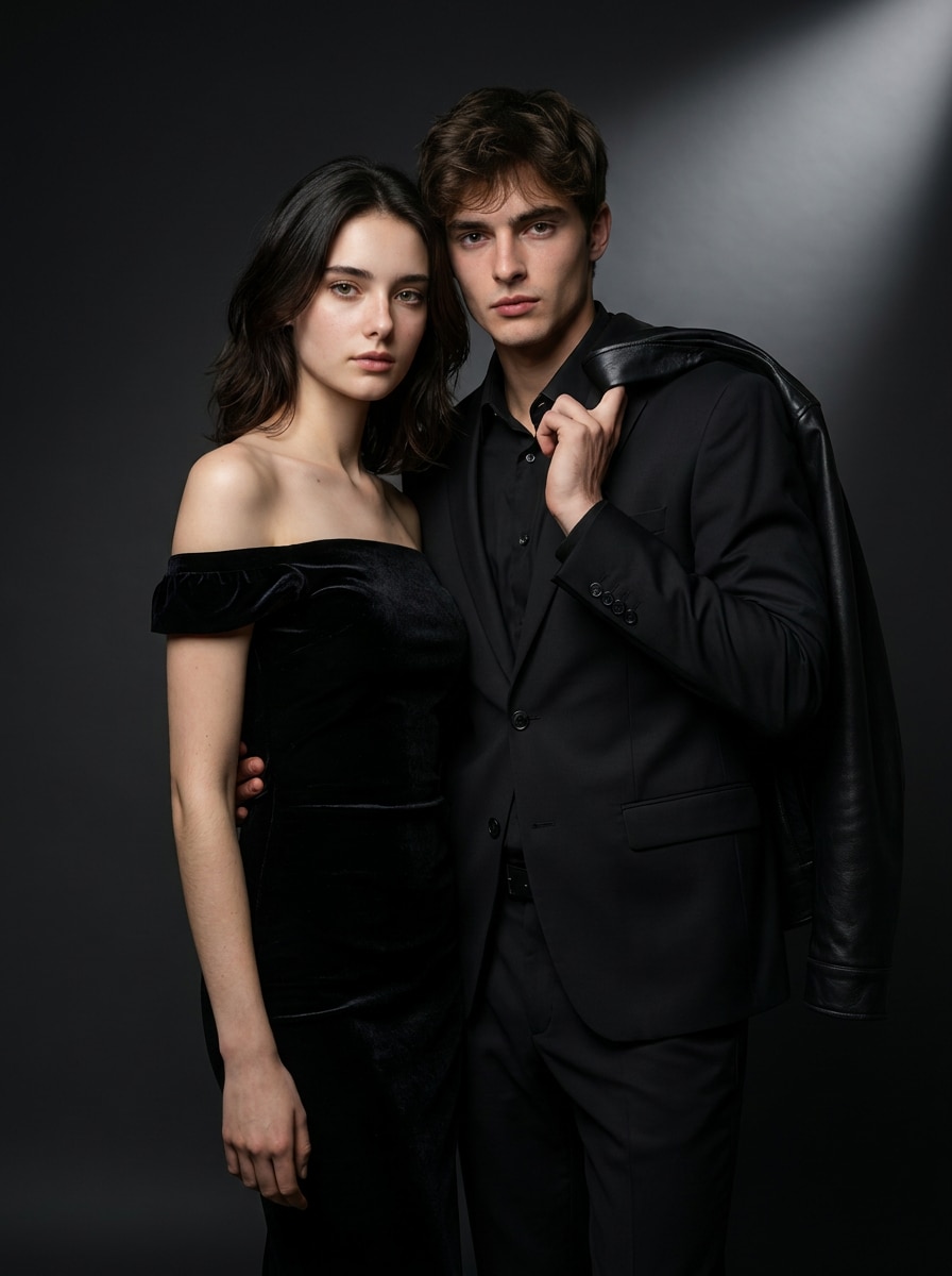 Elegant Black Outfit Studio Couple Prompt Gemini AI Pasangan