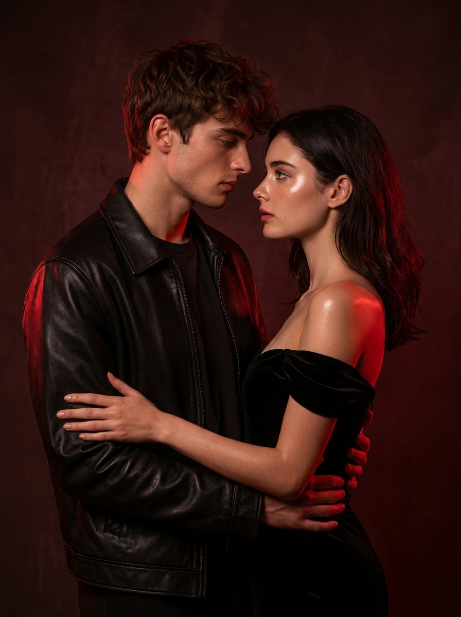 Dark Red Romantic Couple Shoot Prompt Gemini AI Pasangan
