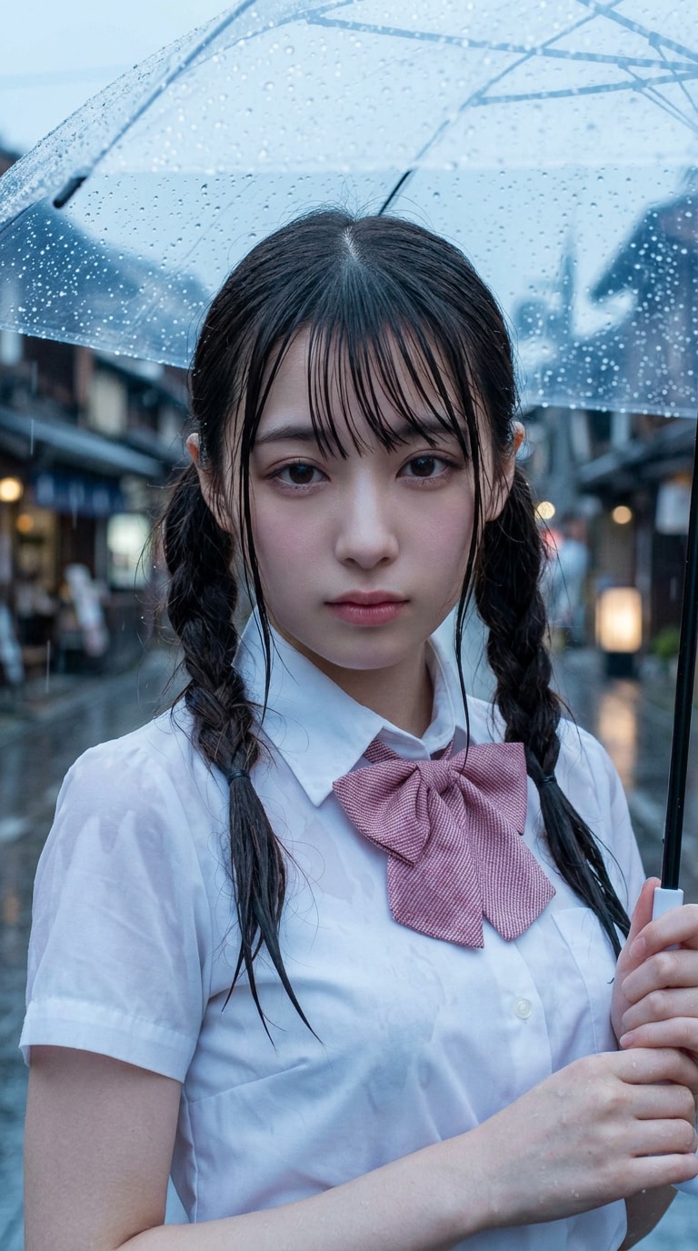 梅雨の雨の日ポートレートAI画像