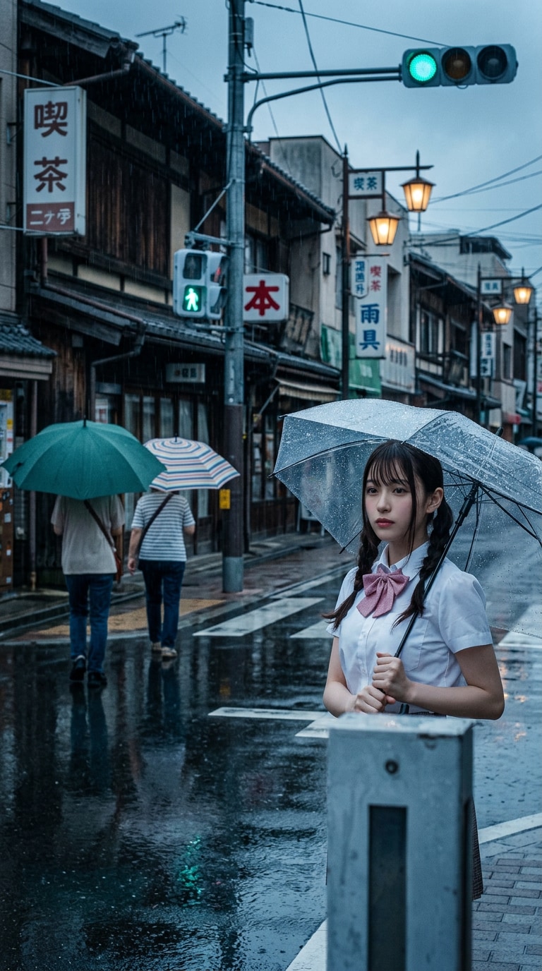 雨の日の街並み背景AI画像