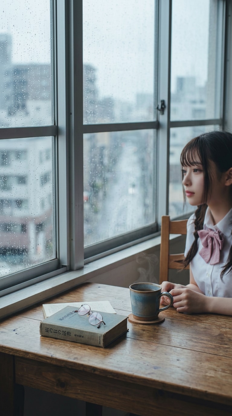 窓の雨と室内の梅雨背景AI画像