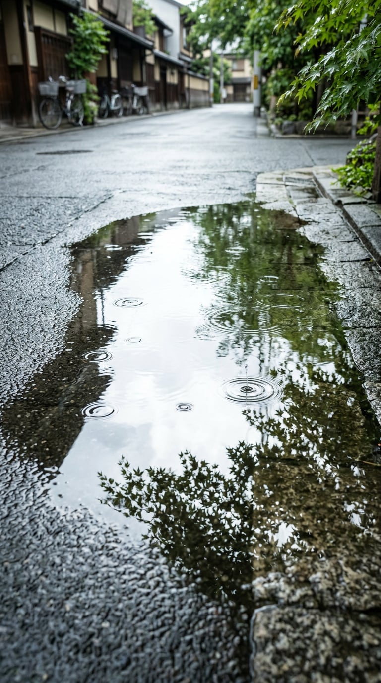 水たまりと雨粒の梅雨AI画像