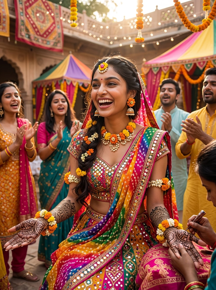 Traditional Mehndi Ceremony Look Rajasthani Look Prompt for Gemini AI