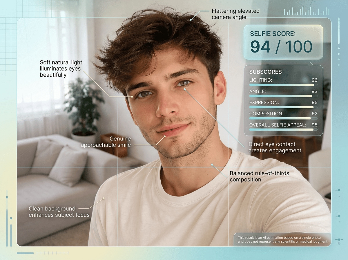 AI selfie score result showing lighting and angle analysis