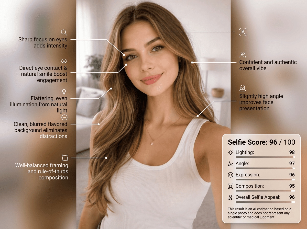 AI rate my selfie report showing framing and expression breakdown