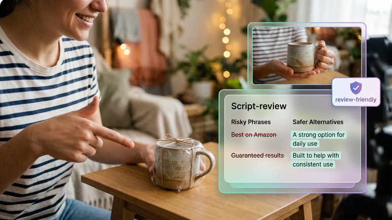 Review-friendly Amazon product video scripts filtered for risky claims before rendering