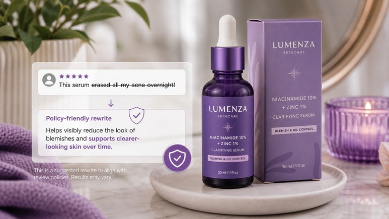 Review-friendly Beauty Product Photography scripts checked for risky claims before video rendering