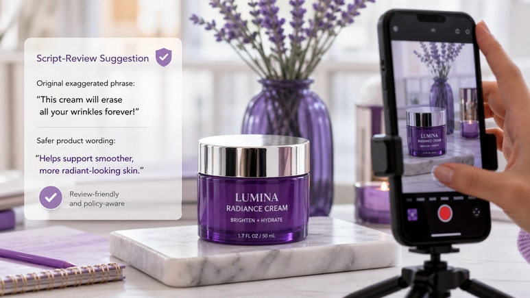 Review-friendly Cosmetic Product Photography scripts checked for risky claims before video rendering