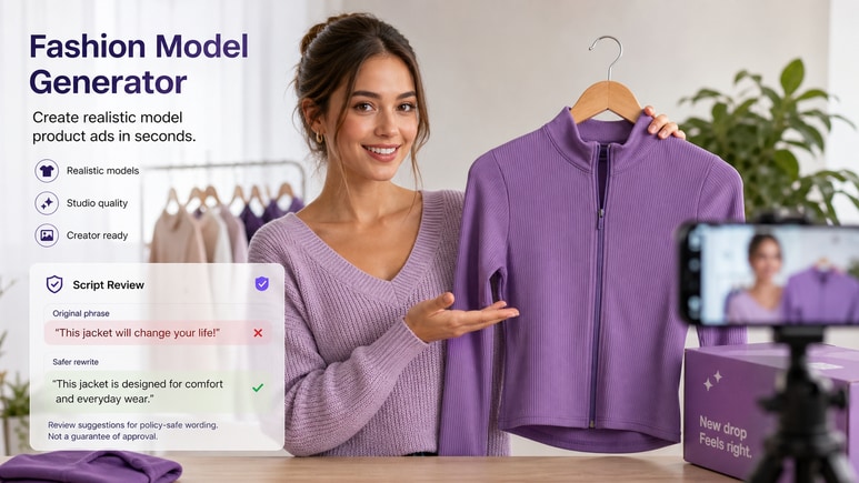 Review-friendly Fashion Model Generator scripts checked for risky claims before video rendering