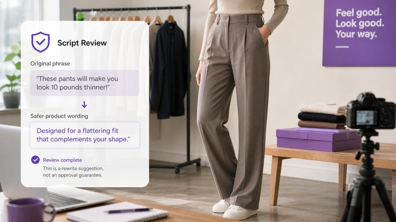 Review-friendly Pants Model Photos scripts checked for risky claims before video rendering