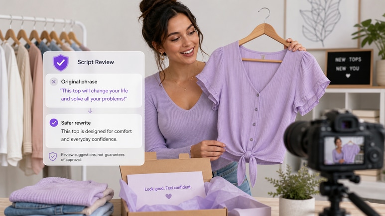 Review-friendly Tops Model Images scripts checked for risky claims before video rendering
