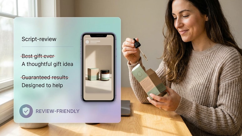 Review-friendly unboxing video ad scripts filtered for risky claims before rendering