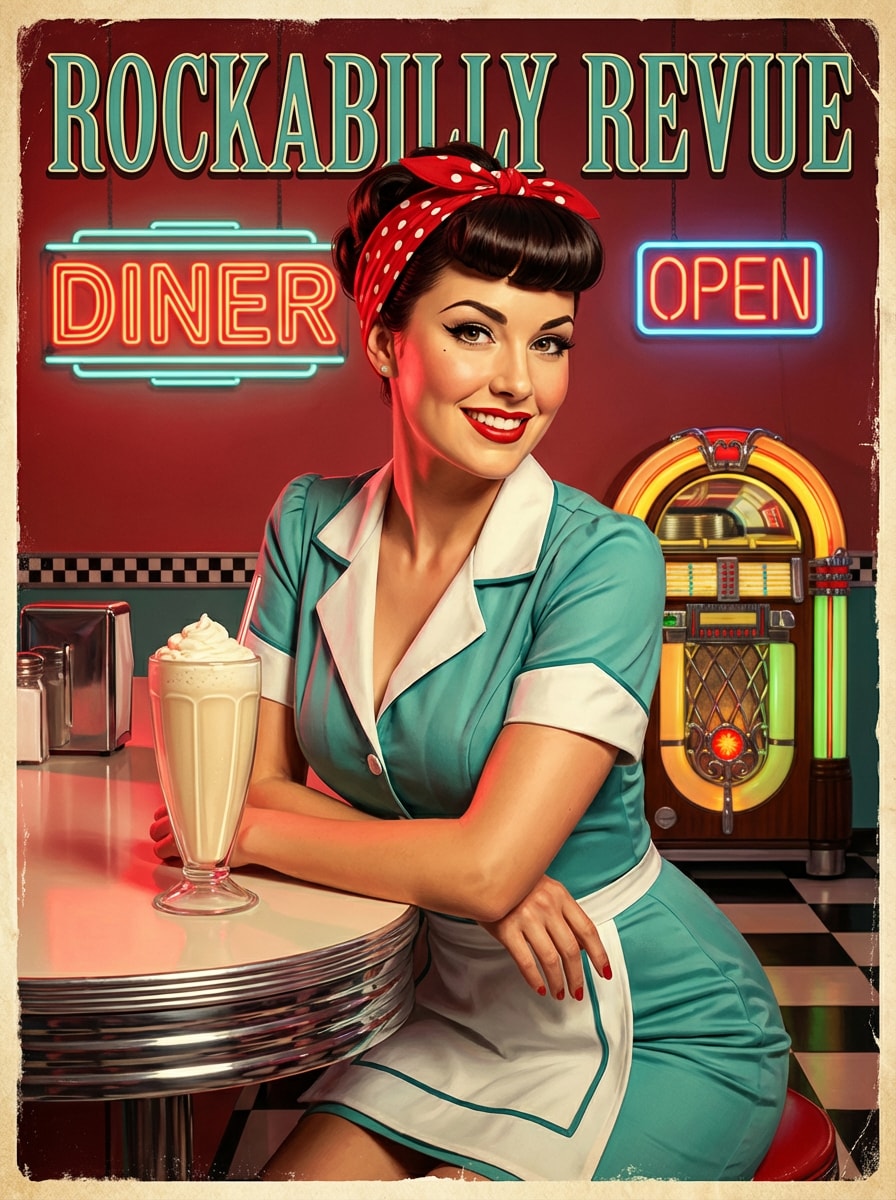Rockabilly diner bombshell retro poster