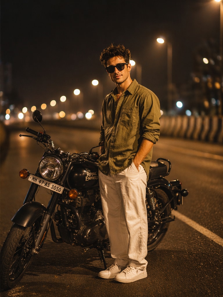 Midnight Highway King Royal Enfield Bullet bike AI photo prompt
