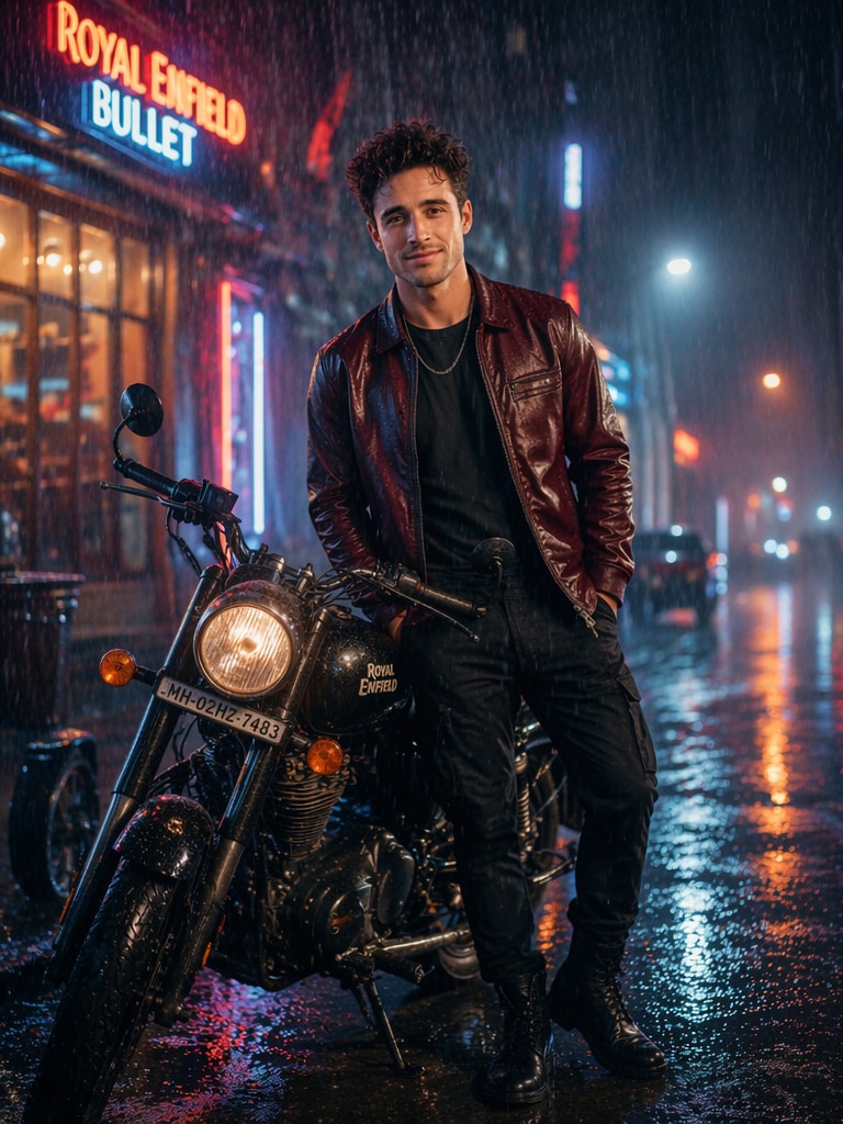Royal Bullet Rain Glow Royal Enfield Bullet bike AI photo prompt