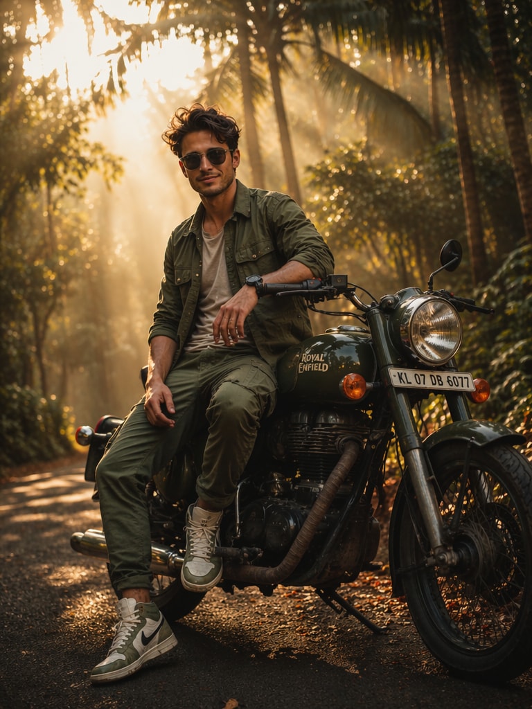 Bullet Rider Jungle Escape Royal Enfield Bullet bike AI photo prompt