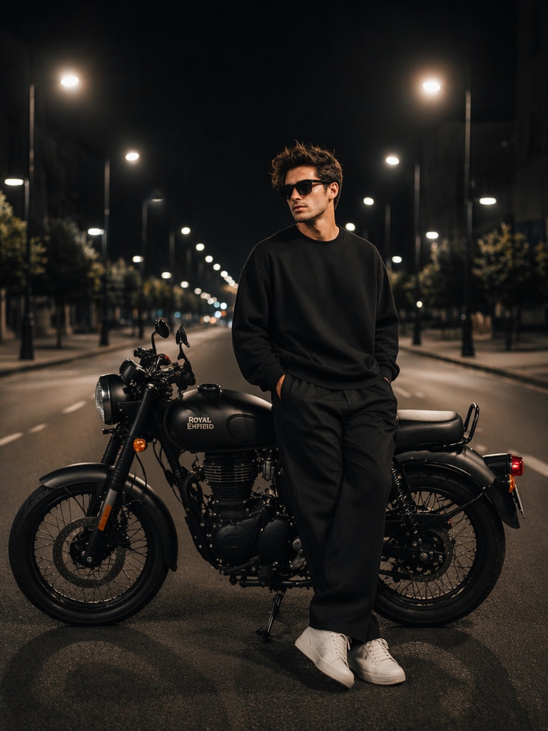 Cinematic Royal Enfield Bullet bike AI photo with night street effect