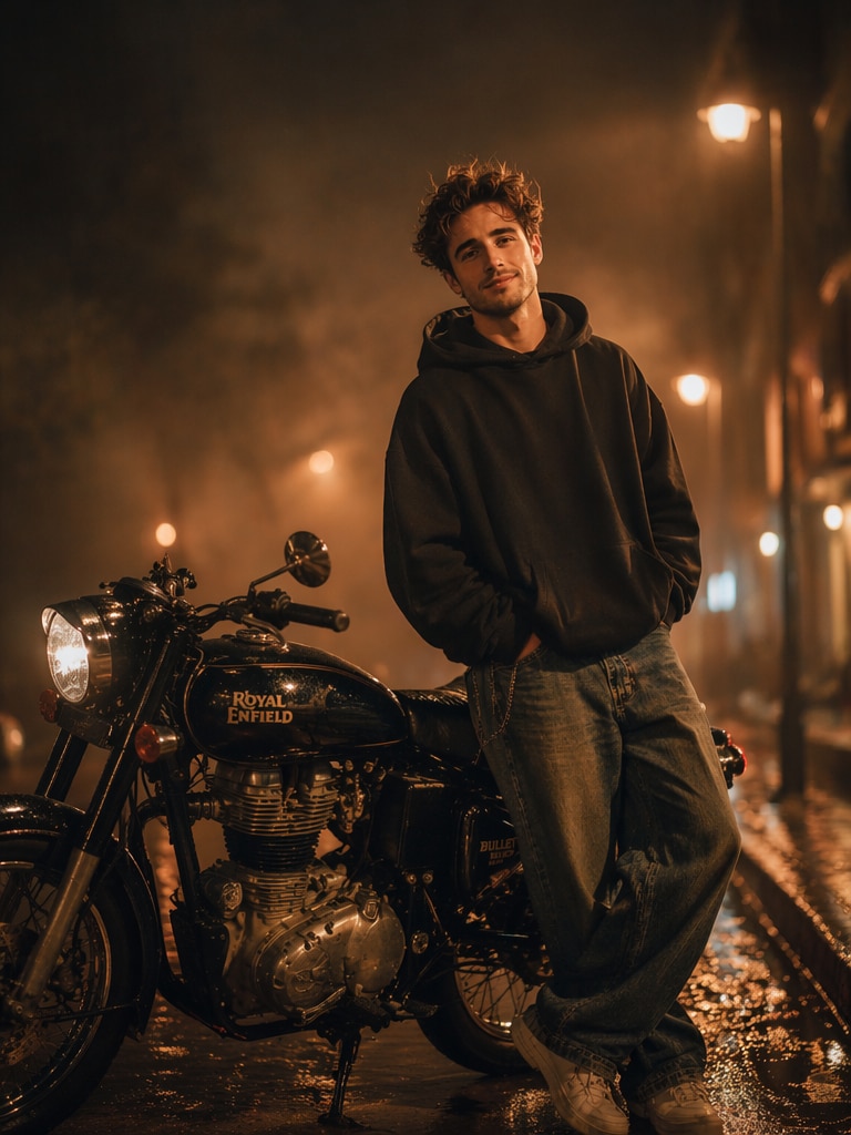 Bullet Rider Under Streetlights Royal Enfield Bullet bike AI photo prompt