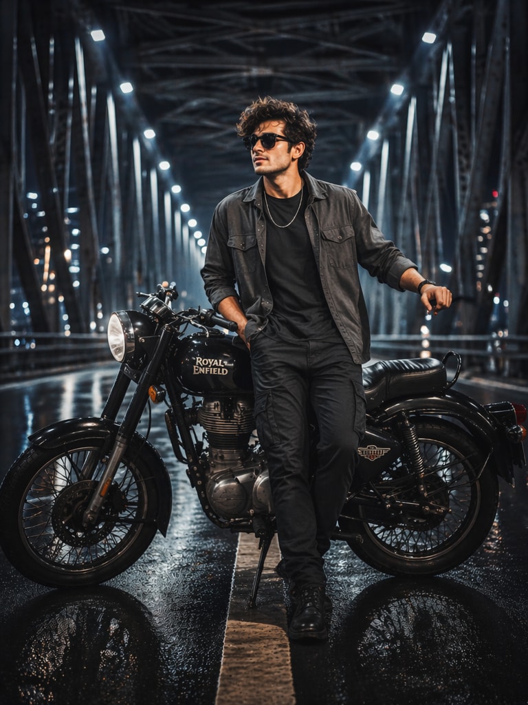 Viral Royal Enfield Bullet bike AI photo with garden night lights