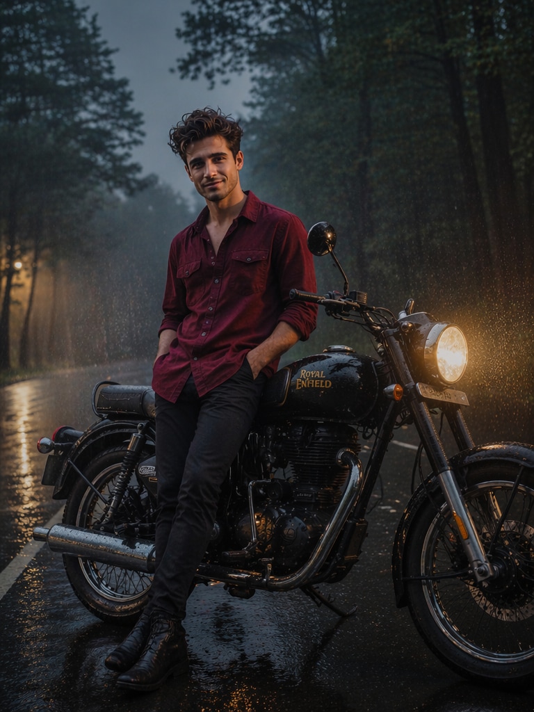Rainy Forest Bullet Mood Royal Enfield Bullet bike AI photo prompt
