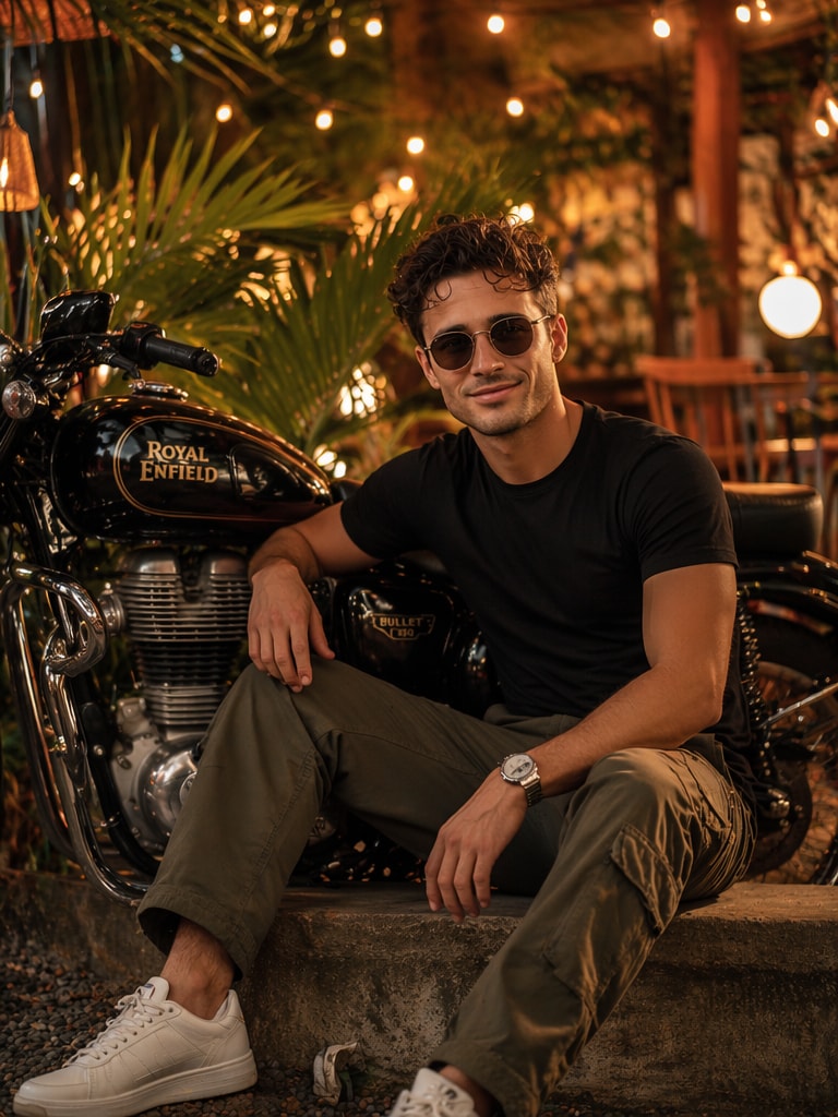 Luxury Garden Bullet Setup Royal Enfield Bullet bike AI photo prompt