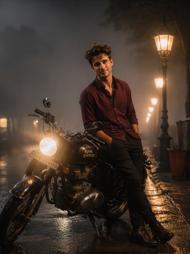 Foggy Road Royal Enfield Portrait Royal Enfield Bullet bike AI photo prompt