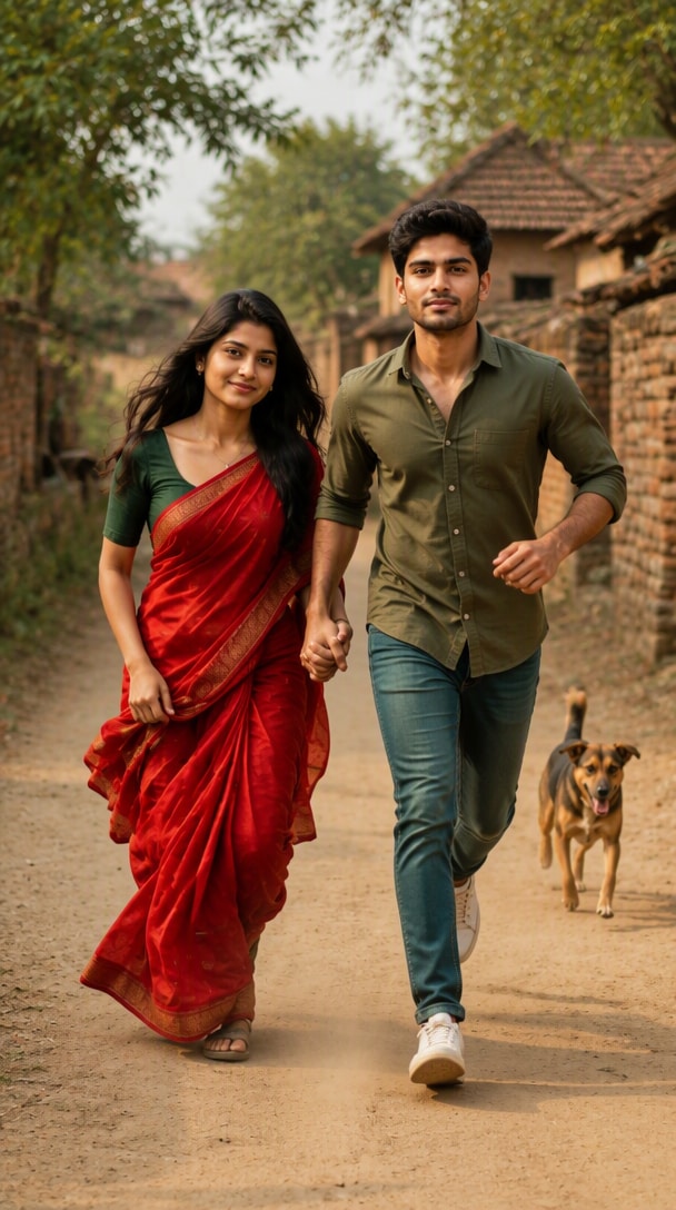 Running couple AI photo editing result with an alternate cinematic scene