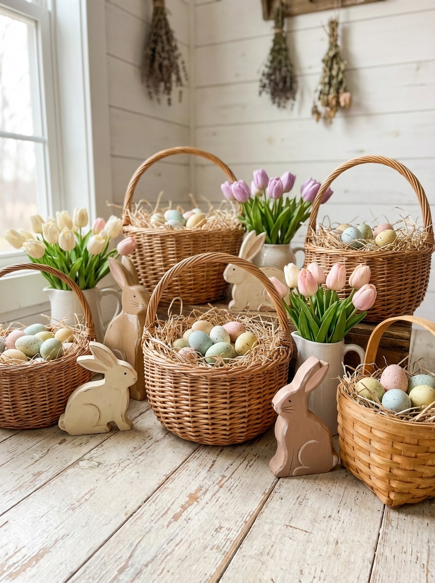Rustic farmhouse baskets Easter background