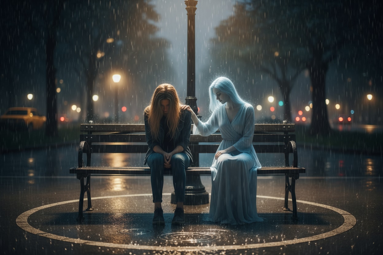 Rainy Bench Under Streetlamp