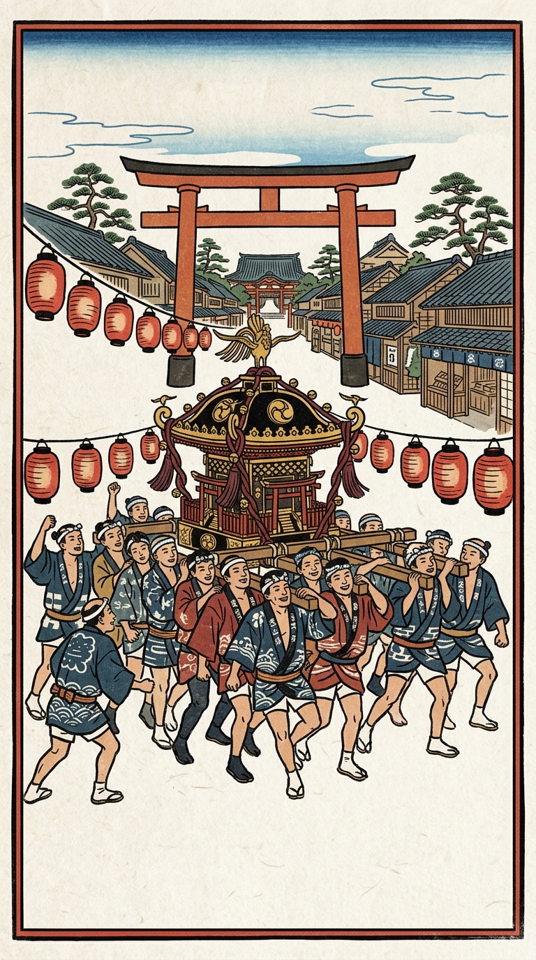 Traditional Japanese Festival Woodblock Style Prompt
