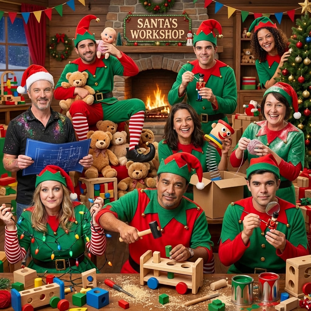 Group photo in Santa's North Pole workshop as elves making toys