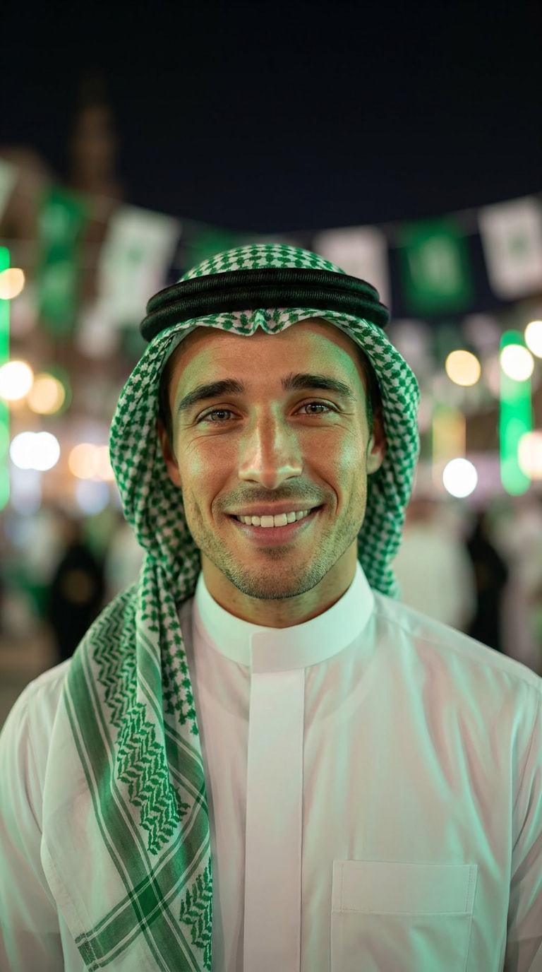 Saudi National Day green and white portrait prompt