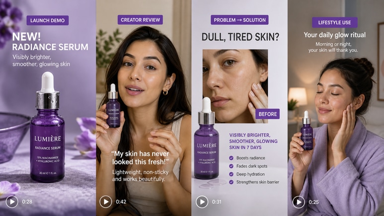 Multiple Skincare Photoshoot short video styles for ecommerce creative testing