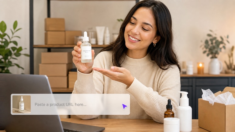 AI Skincare Photoshoot workflow turning a product URL or owned images into a product-first video brief