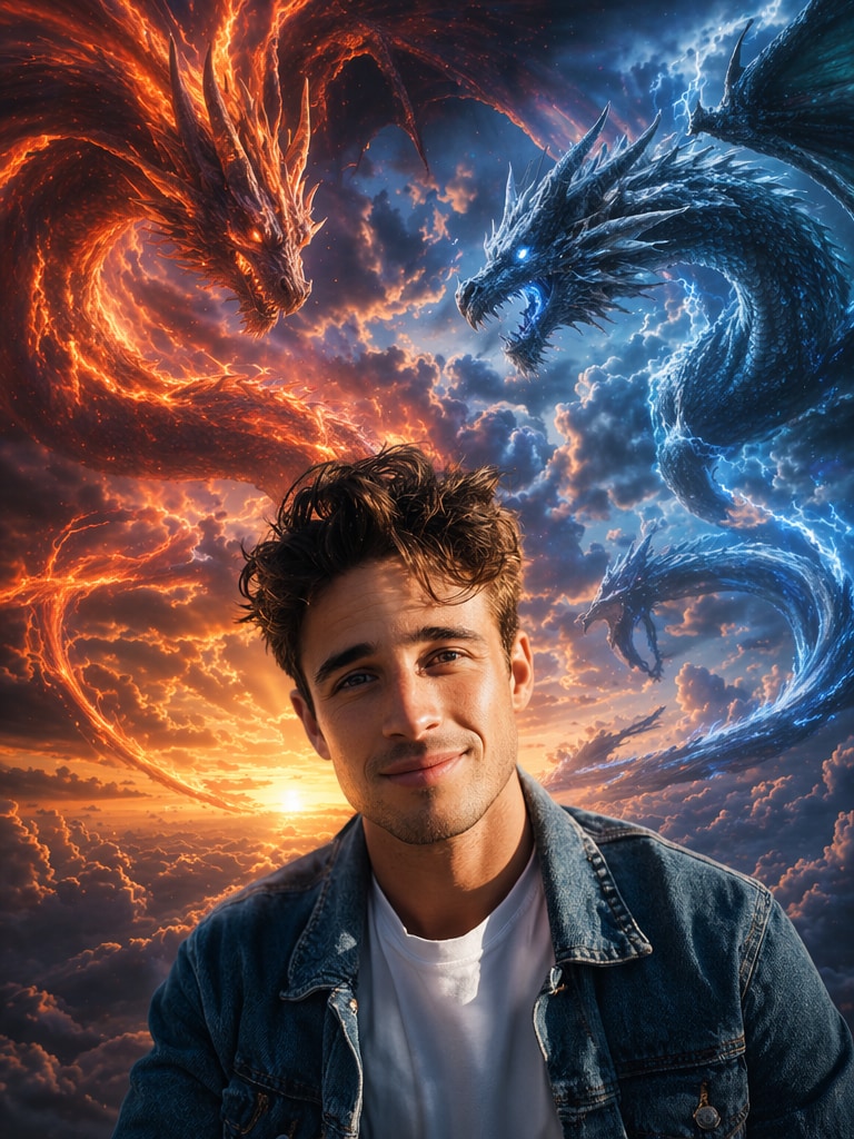 Fire and Ice Sky Dragon AI dragon photo prompt