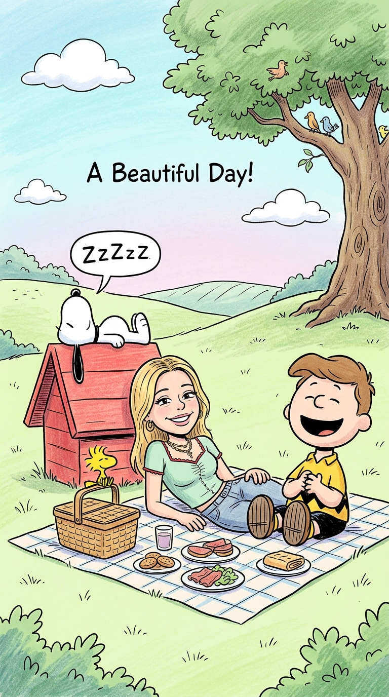 Picnic storybook Snoopy-style cartoon scene