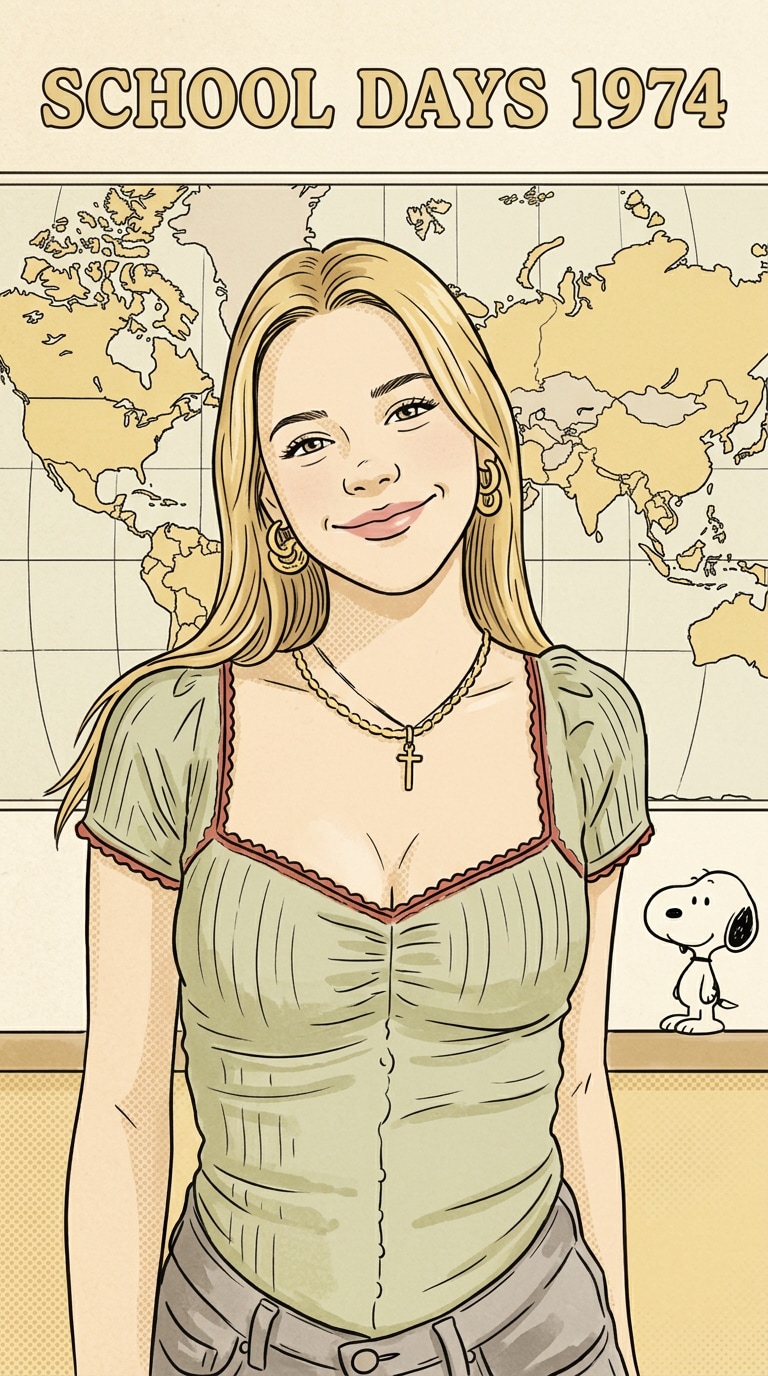 Retro Snoopy-style school portrait illustration
