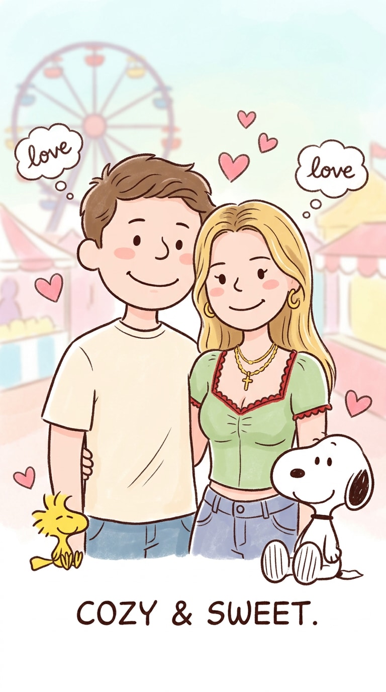 Sweet Snoopy-style couple cartoon portrait