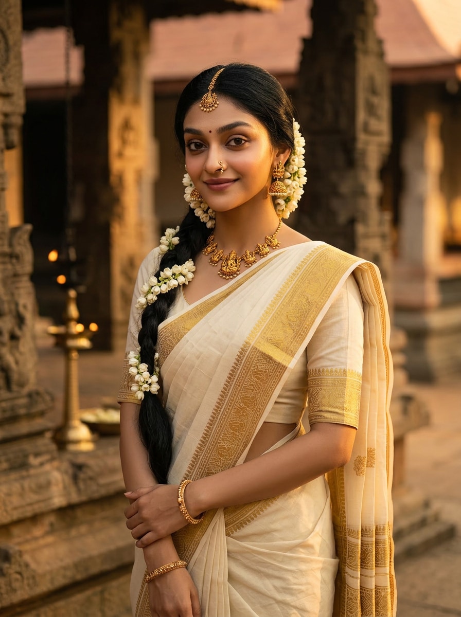 Kerala saree portrait created with South Indian Prompt for Gemini Girl