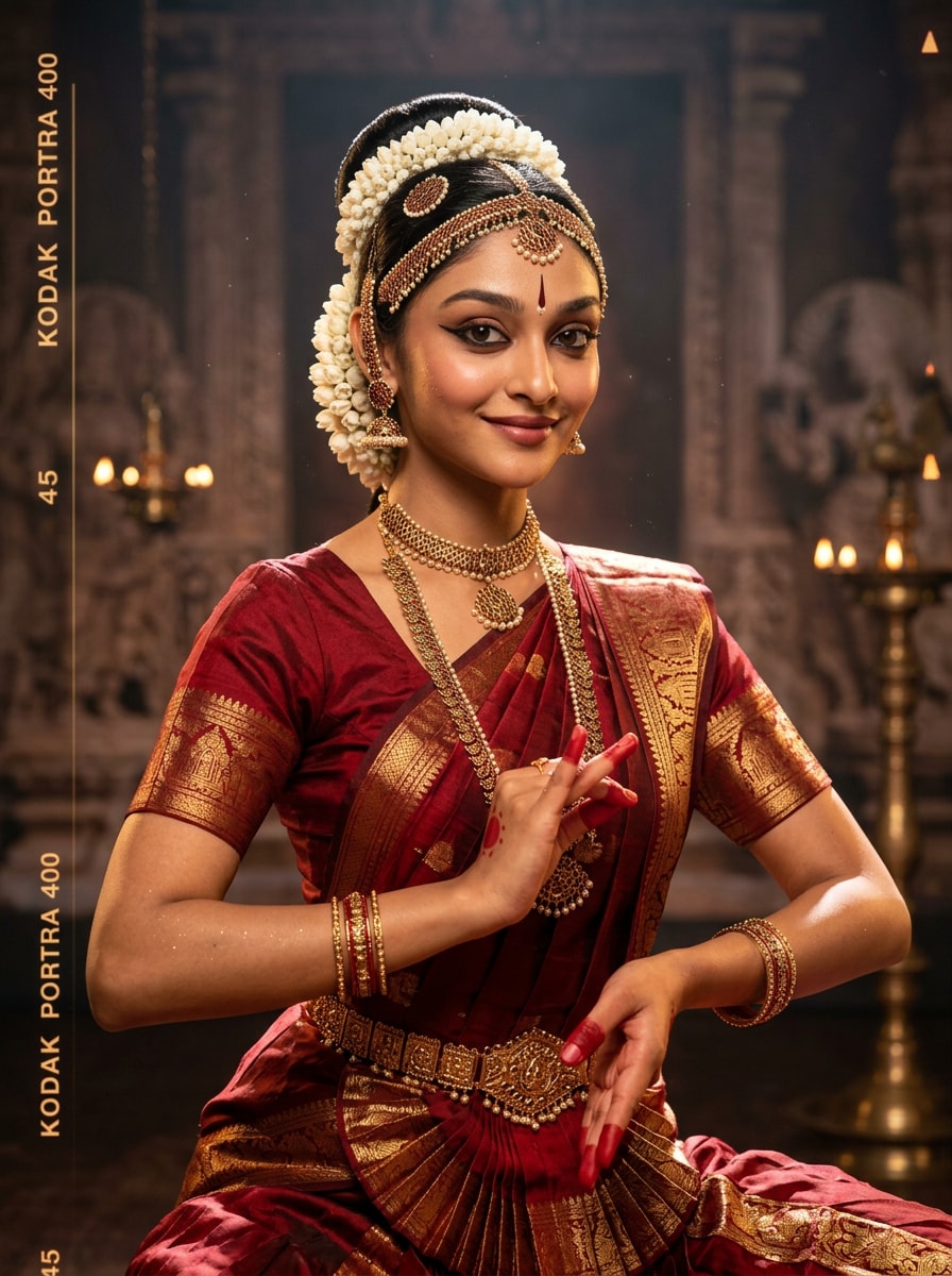 Traditional Bharatanatyam Girl Portrait south indian prompt for gemini girl