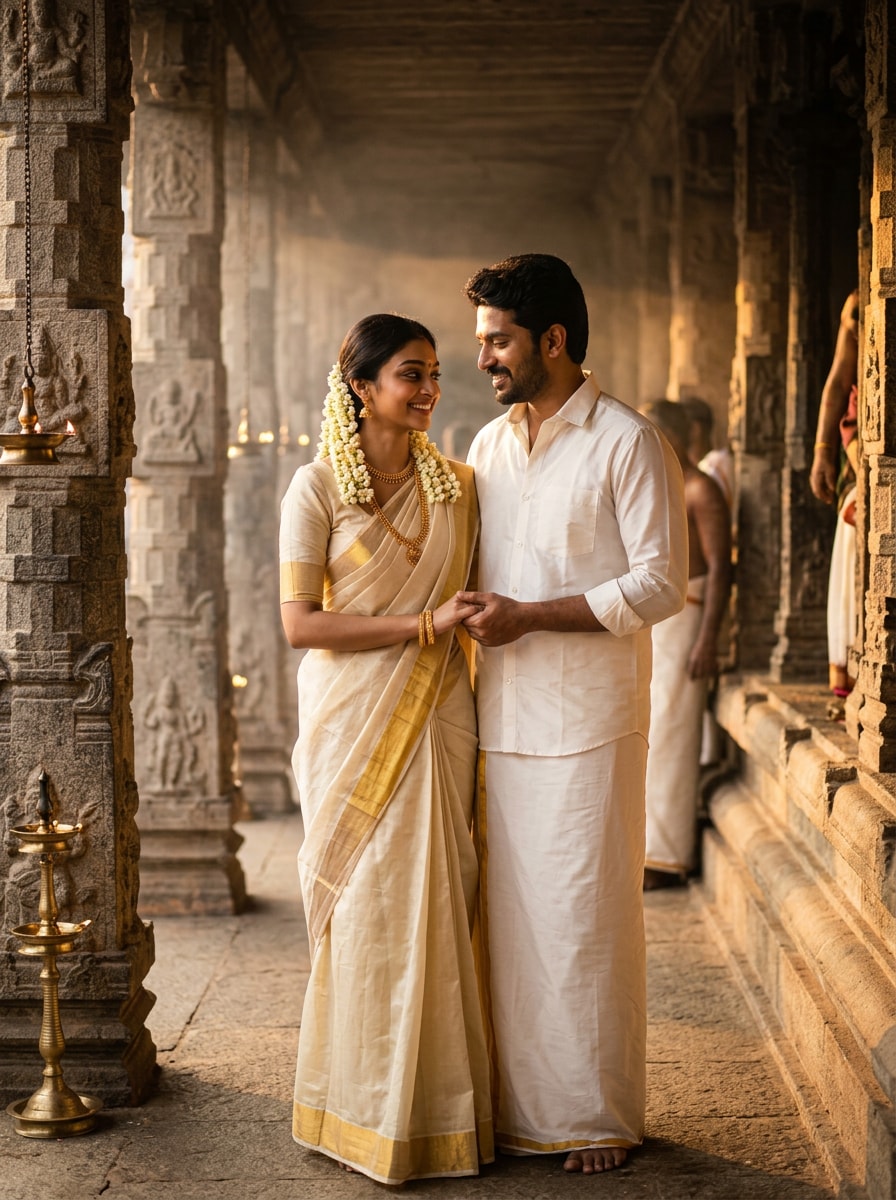 South Indian Couple Temple Scene south indian prompt for gemini girl