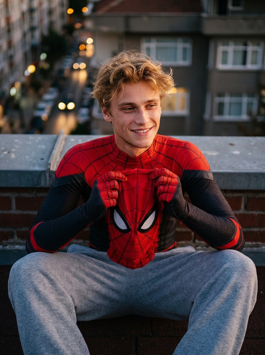 Cinematic SpiderMan rooftop portrait prompt