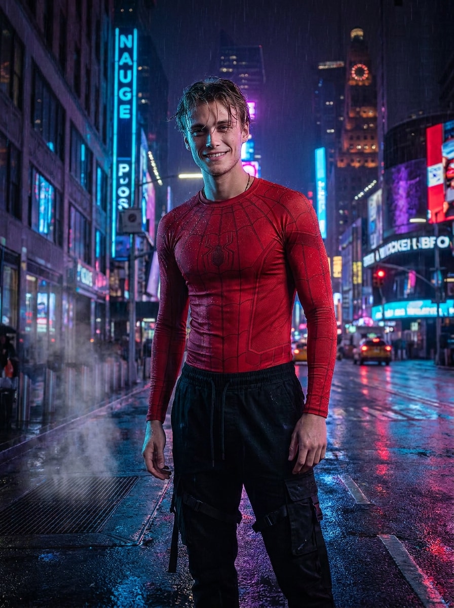 Night city SpiderMan fashion shoot prompt