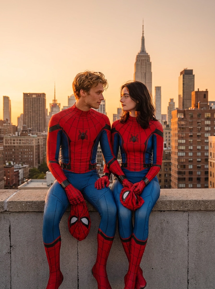 Spider couple rooftop sunset prompt