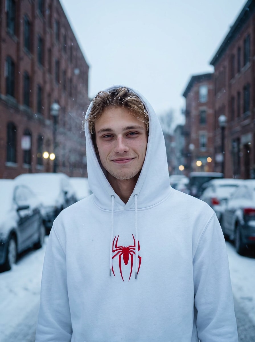 Snowy winter SpiderMan look prompt