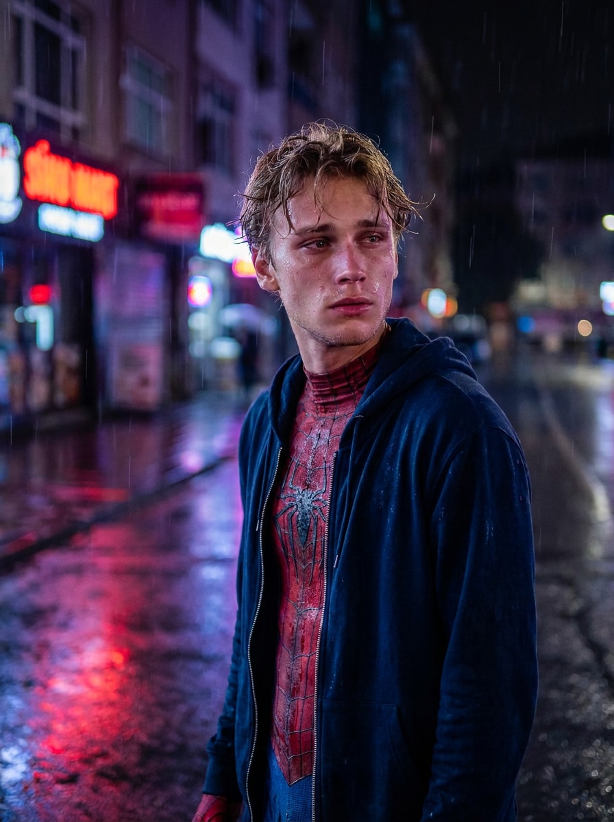 Rainy night SpiderMan mood prompt